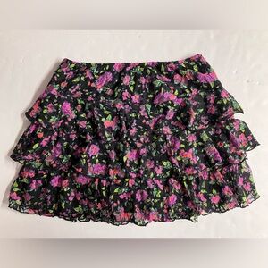 Women’s Mini Skirt w Lace Tiers, Floral, Small, Black/Pink/Green, by Flirtatious